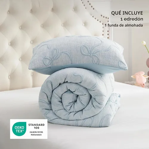 Vista 7 de Bedsure - Juego de edredón individual/King, juego de cama bohemio azul polvo capitoné, 3D, tipo jacquard, 2 piezas: 1 edredón estilo rústico chic