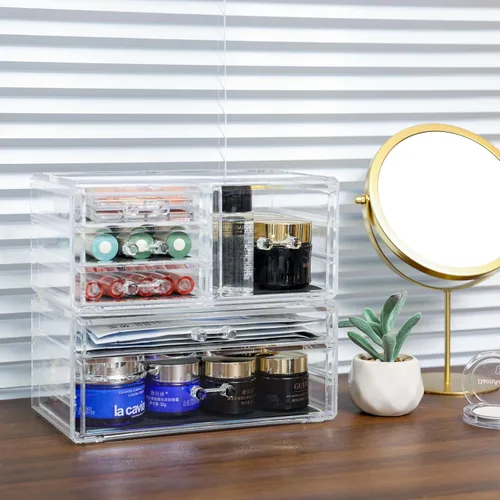 Vista 9 de Cq acrylic Paquete de 2 organizadores de escritorio transparentes con cajones, organizador apilable de 6 cajones para el cuidado de la piel, lindos