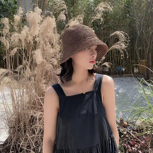 Vista 4 de Women Sun Hat Hand-Woven Packable Beach Bucket Hat Summer Floppy UV Protection Hats Café