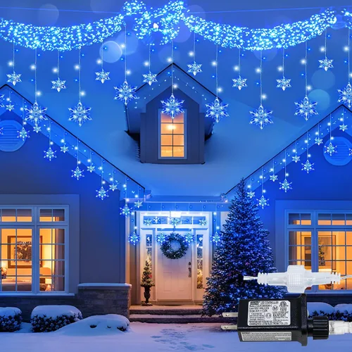Vista 7 de Luces Navideñas de Copo de Nieve para Exteriores, 8.2 pies, 144 LED Luces de Cadena Navideñas Conectables con Enchufe, Luces Colgantes de Carámbano