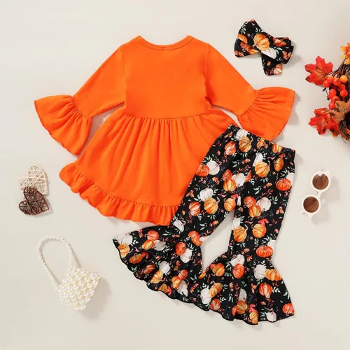 Vista 3 de Halloween Acción de Gracias niños ropa de calabaza pavo camiseta vestido + pantalones + diadema conjunto de otoño 3 piezas