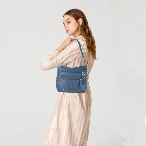 Vista 6 de ELDA Bolso cruzado de 10 bolsillos para mujer, tamaño mediano, de piel sintética suave, bolso de hombro para mujer, asa superior