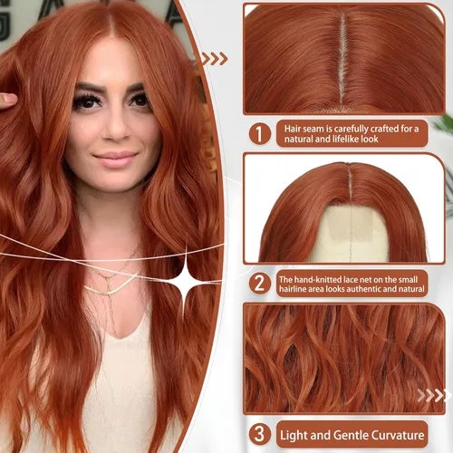 Vista 4 de Peluca larga de cobre para cosplay, peluca sintética de 26 pulgadas, parte media, regalos realistas, pelucas de fiesta para mujeres, uso diario