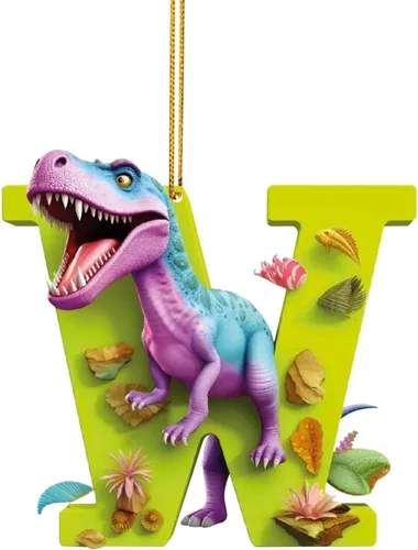 Vista 25 de Adorno de Navidad personalizado de dinosaurio de 26 letras, adornos colgantes 2023, monograma inicial de plástico, decoraciones de árbol de Navidad