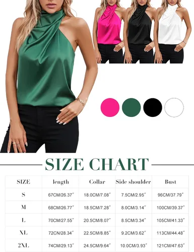 Vista 6 de Famulily Camiseta de satén con cuello alto falso para mujer, sexy, sin mangas, casual, de verano, sedosa, con botón en la espalda