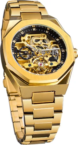Vista 11 de FORSINING Reloj Vintage para Hombres Grabado Automático de Cuerda Automática Mecánico Esfera Grande Luminosa Fase Lunar Dorado Hueco Patrón de Negro