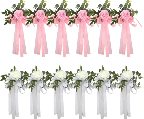 Vista 8 de Decoraciones de pasillo para ceremonia de boda, 6 piezas de rosas artificiales para decoración de pasillo de boda con cintas, decoración floral