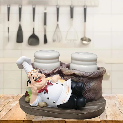 Vista 8 de Juego de salero y pimentero, estatua decorativa de chef sentado, organizador de especias, tarros de especias de vidrio con soporte, figura de regalo