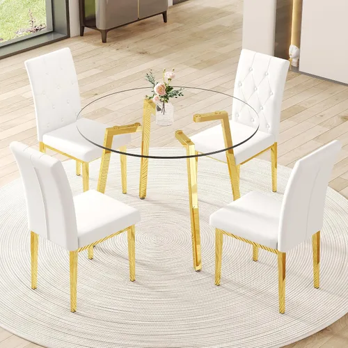 Vista 34 de Juego de mesa de comedor de cristal para 4, mesa rectangular con 4 sillas de cocina de cuero blanco, juego de comedor de cocina de 51 pulgadas, mesa