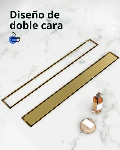 Vista 2 de YEFU Drenaje de ducha lineal dorado para baño: drenaje de ducha de 12 pulgadas con rejilla de inserción de azulejos - Drenaje lineal rectangular