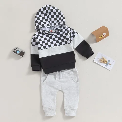 Vista 2 de Ropa para bebé niño pequeño, sudadera con capucha y bloques de color, 2 piezas, sudadera para otoño e invierno