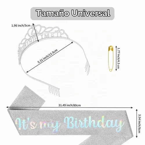 Vista 3 de Corona de cumpleaños plateada, banda con purpurina para cumpleaños, tiara para fiestas y decoraciones AB-Plata