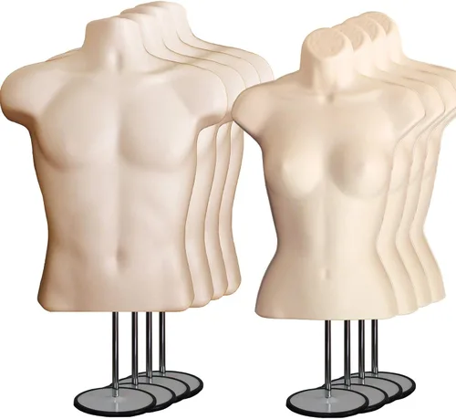 Vista 20 de Maniquí de torso masculino y femenino con soporte de metal, cuerpo con respaldo hueco, apilable, forma de vestido para exhibición de camisetas Negro