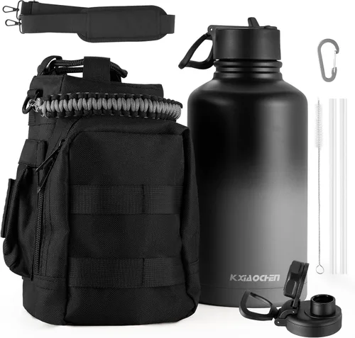 Vista 23 de KXIAOCHEN Botella de agua aislada, botella de agua de acero inoxidable, 2 tapas (con pajilla y tapa con asa), botellas de agua metálicas de boca