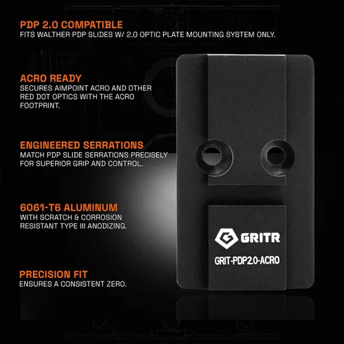 Vista 2 de GRITR Placa óptica para montaje de ópticas en armas de fuego Walther PDP con sistema de placa óptica 2.0 6061-T6 Aluminum - T-10 Torx Screws &