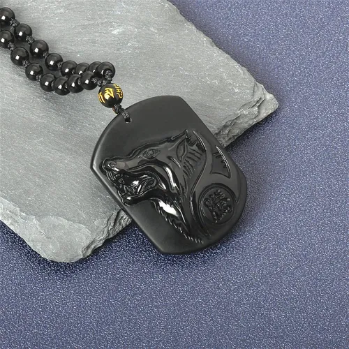 Vista 2 de Collar de obsidiana negra con dije de protección de amuleto de la suerte con cadena de cuentas extendida, piedra de cristal curativo, collares