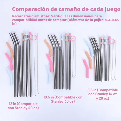 Vista 3 de Jetstop Pajitas de acero inoxidable con tapas que se ajustan a vasos Stanley de 14oz y 20oz, Pajita reutilizable de 8.6 pulgadas con puntas