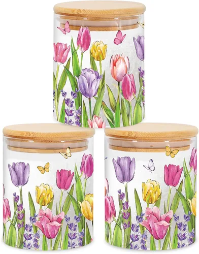 Vista 11 de JarThenaAMCS 3 Frascos de Almacenamiento de Vidrio Floral de Primavera con Tapa Hermética Tulipán Flor Gnomo Camión Mariposa Juegos de Recipientes