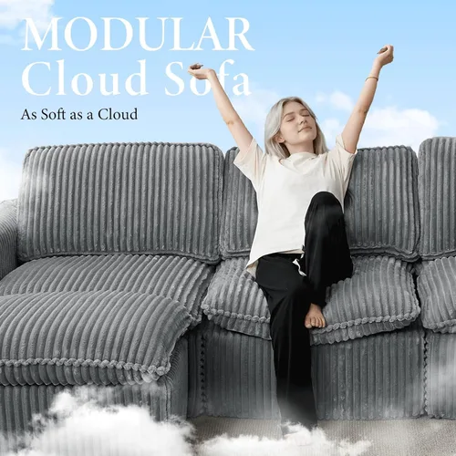 Vista 4 de Sofá modular sin hueso de 110 pulgadas para sala de estar, cómodo sofá modular de nube con otomana, sofás convertibles en forma de L para Gris