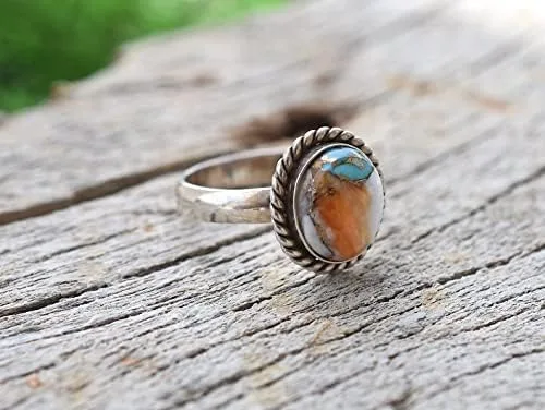 Vista 5 de Anillo de plata de compromiso con piedras preciosas de cobre turquesa y forma ovalada, anillo de plata de compromiso, joyería de nacimiento