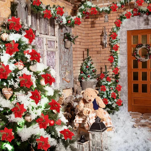Vista 6 de 30 flores de Pascua artificiales de Navidad grandes de 8 pulgadas, para árbol de Navidad con purpurina, flores de imitación, guirnalda floral