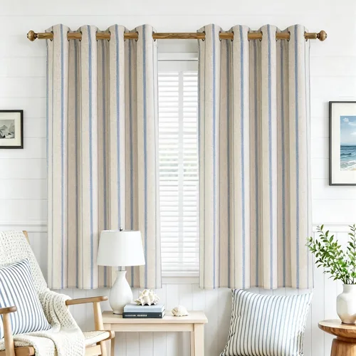 Vista 75 de DriftAway, cortinas de mezcla de lino estilo granja 100% opacas de 63 pulgadas de largo para dormitorio, cortinas de lino con rayas verticales