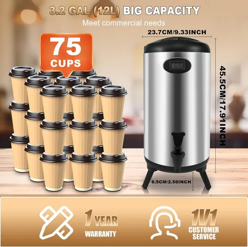 Vista 8 de Dispensador de bebidas aislado de 3.2 galones, dispensador térmico de bebidas calientes, dispensador de bebidas frías y calientes con grifo