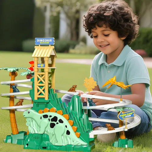 Vista 8 de JUKUDAHU Pista de Escalada y Deslizamiento de Dinosaurios para Niños de 3, 4, 5, 6, 7, 8 años - Juego de Pista de Carreras, Juguete de Coche
