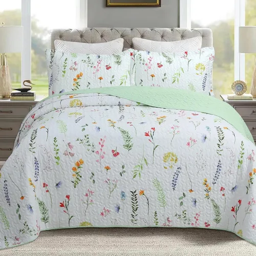 Vista 21 de MarCielo Juego de edredón de 3 piezas con estampado floral, juego de colcha ligera (tinta floral, King)