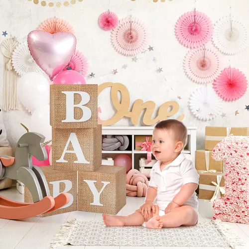 Vista 5 de RUBFAC Cajas de bebé con letras para baby shower, 4 piezas estilo rústico de granja bohemia con asa de arpillera y grano para decoración