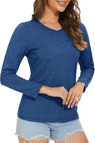 Vista 2 de MAGCOMSEN Camisetas básicas de algodón de manga larga con cuello en V para mujer, suaves, lisas, transpirables, casuales, para verano