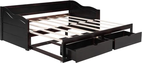 Vista 4 de JIVOIT Sofá cama extensible con cama nido y dos cajones de almacenamiento, marco de sofá cama de madera con soportes de listones de madera, diseño