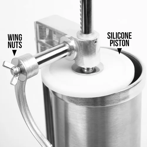 Vista 4 de Máquina vertical de relleno de acero inoxidable de 2.5 libras con 8 embudos de relleno y 1 pistón de silicona