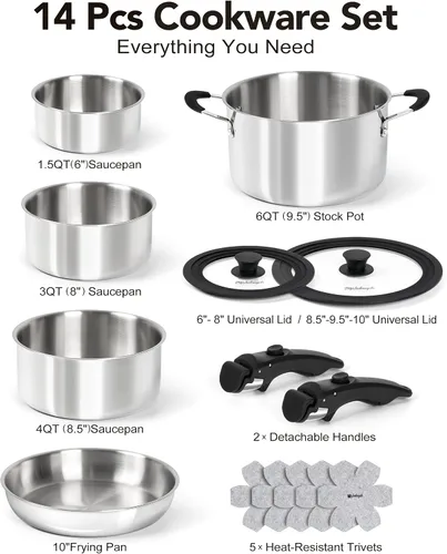 Vista 8 de Michelangelo Juego de 14 utensilios de cocina de acero inoxidable de tres capas con asas desmontables, juego de ollas y sartenes apilables