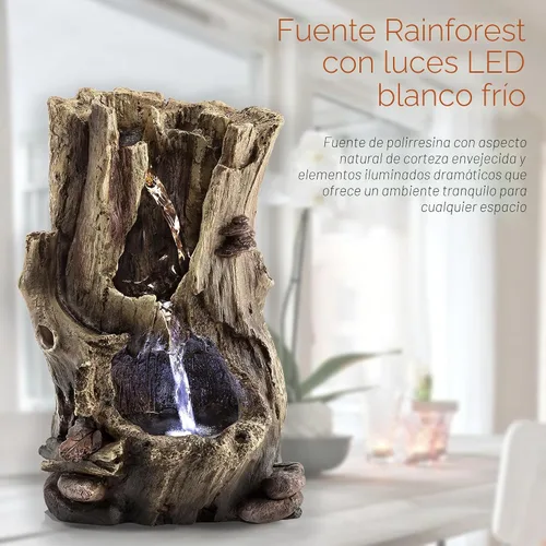 Vista 4 de Alpine Corporation WIN326 fuente de mesa iluminada de varios niveles con tronco de árbol de selva, con luces LED, 28 cm, marrón
