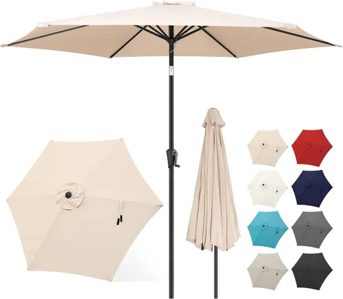 Vista 10 de FLAME&SHADE Sombrilla de patio de 11 pies, sombrilla de mesa para exteriores con botón de inclinación y manivela, protección UV, 8 varillas