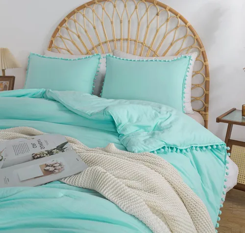 Vista 3 de Juego de funda de edredón con flecos y pompones, juego de cama de microfibra lavada de color natural, 3 piezas, funda de edredón de plumón