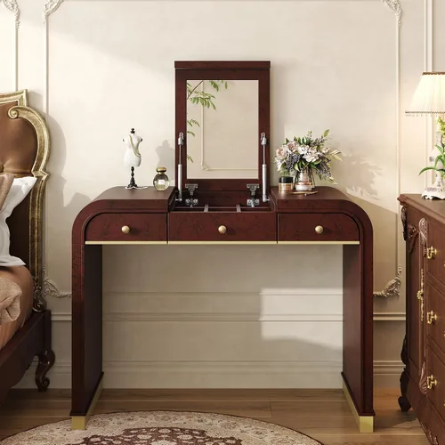 Vista 10 de Classic Wood Vanity Desk with Flip Mirror and 2 Drawers Champagne