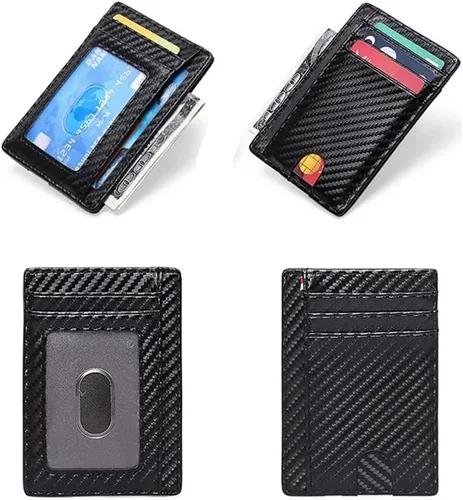 Vista 2 de CCBUY Carteras delgadas de cuero para hombres y mujeres, tarjetero de identificación de crédito, monedero, cartera de fibra de carbono mini