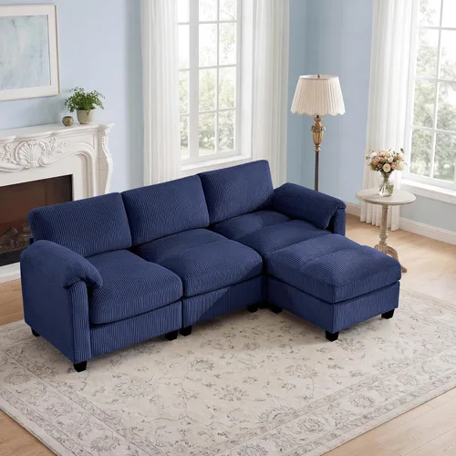 Vista 17 de Sofá modular de 61 pulgadas con otomana, asiento extra profundo para sala de estar, sofá de asiento profundo de pana con almohadas para Beige