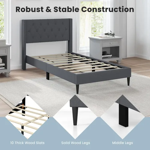 Vista 7 de Giantex Base de cama de plataforma de tamaño individual con respaldo de alas, base de cama tapizada de tela con cabecera capitonada con botones
