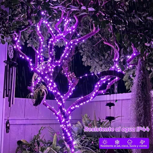 Vista 5 de YEGUO Paquete de 4 luces solares de Halloween de 33 pies, 100 luces LED moradas de Navidad impermeables para exteriores, 8 modos de luces solares