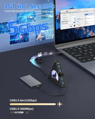 Vista 6 de Hub USB 3.0 de 7 puertos, divisor de USB vertical con iluminación RGB, transferencia de datos de alta velocidad de 5 Gbps y cable de extensión de 2
