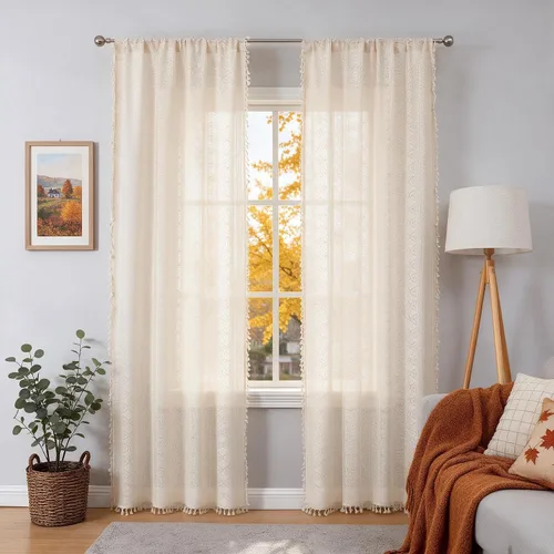 Vista 7 de Cortinas de encaje transparente con borlas de lino bohemio beige, elegante geometría de ganchillo, bolsillo para barra, cortinas de ventana