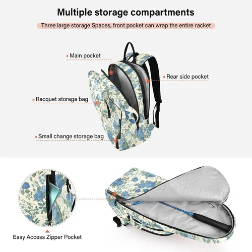 Vista 5 de Bolsa de pelota de raqueta de tenis, estilo vintage, diseño floral, rosas azules, bolsas de gimnasio, mochila de viaje para adolescentes, niños