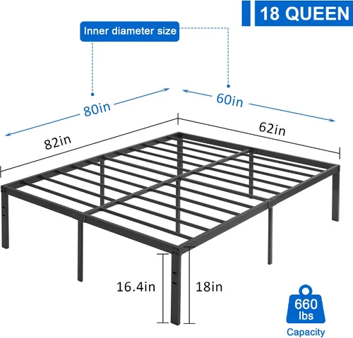 Vista 3 de VECELO Base de cama alta de plataforma de metal tamaño Queen de 18 pulgadas, listones de acero resistente, base de colchón de fácil montaje,
