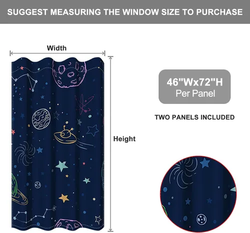 Vista 2 de Cortina opaca con diseño de dibujos animados para niños, diseño de luna, estrellas, planetas, cortinas de oscurecimiento con ojales inoxidables Azul
