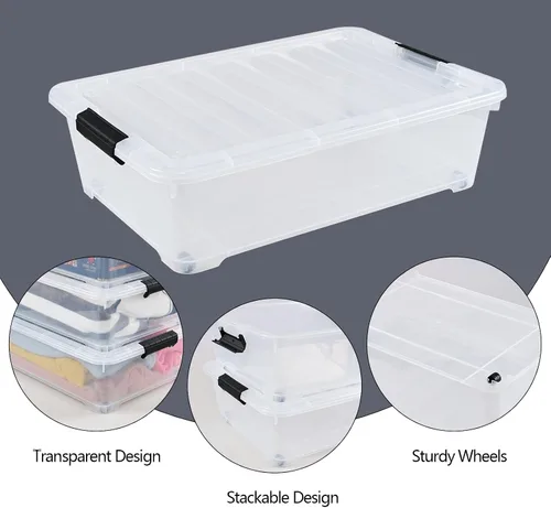 Vista 3 de Cajas de almacenamiento de plástico de 25 cuartos de galón debajo de la cama, contenedor de almacenamiento con ruedas, paquete de 3, transparente
