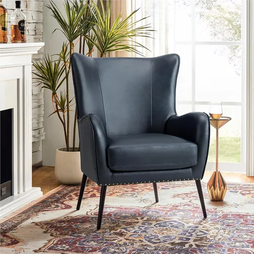 Vista 13 de HULALA HOME Silla decorativa de piel sintética con cojín extraíble, cómodo sillón tapizado con patas de metal negro y ribete de cabeza de clavo