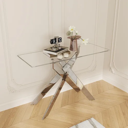 Vista 12 de Mesa de centro de cristal de 47 pulgadas con parte superior de vidrio templado y patas de metal dorado, mesa central rectangular moderna para sala